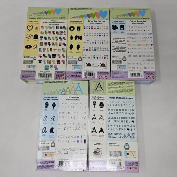 CRICUT CARTRIDGE LOT 5 SHAPES FONTS JASMINE GEORGE DOODLE WILD SAMPLER COMPLETE - Picture 3 of 3
